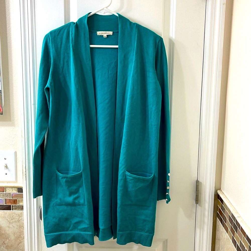 Retrology open front knit cardigan. Teal w. pockets! Size small